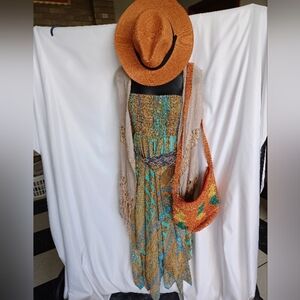 Bohemian Festival Vibes 5 Pc Outfit Dress W/ Vest, Belt, Hat & Bag, Sz S/XS